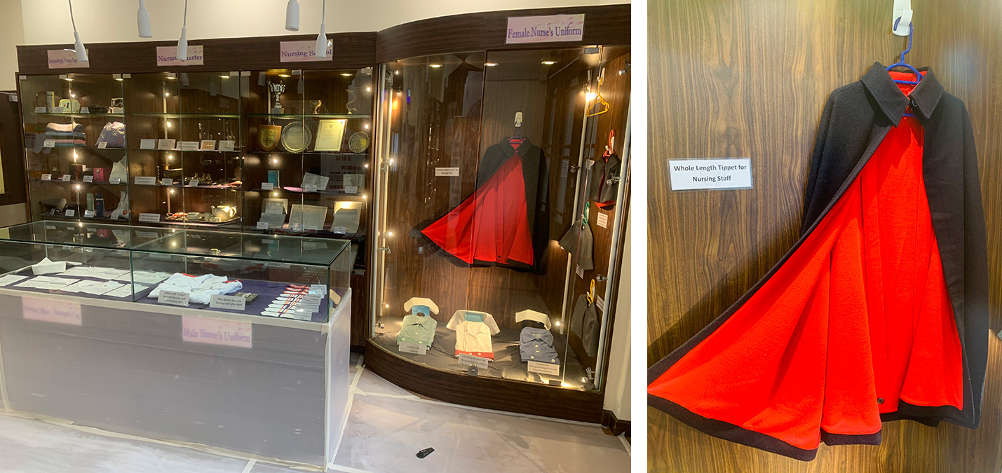 位於瑪麗醫院護士宿舍A座地下大堂的「懷舊閣」，收藏多件不同年代的醫療用具及護士制服。這件「殭屍袍」不是萬聖節服飾，而是昔日護士在冬天穿著的披肩。